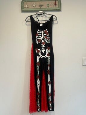 Spirit Black Jumpsuit with White Skeleton Print Red Rose Embellishments small